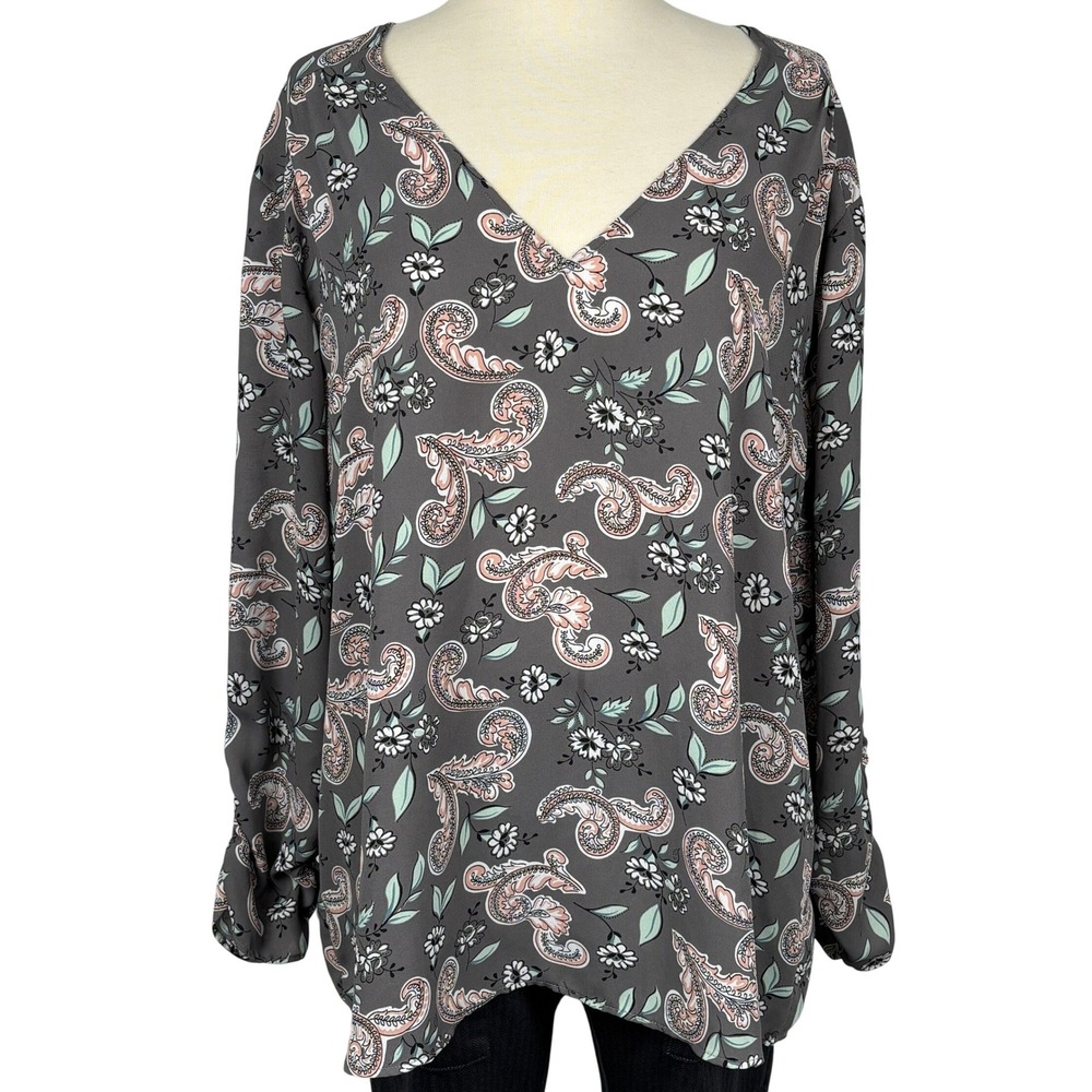 LOFT Gray Paisley Floral V-Neck‎ Blouse Long Sleeve Women's XL